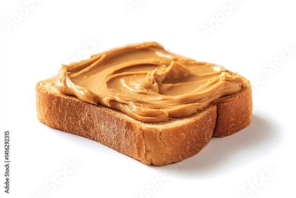 Fototapeta Delicious peanut butter on toast isolated on a white table perfect creamy texture and high resolution view of crunchy toast brown