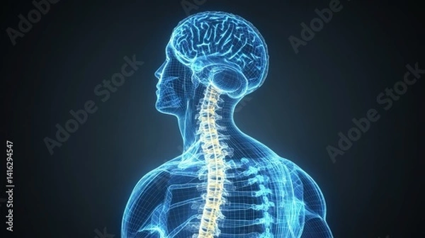 Fototapeta Digital rende of a wireframe human figure with highlighted glowing blue brain and spinal column against a dark background in a futuristic design