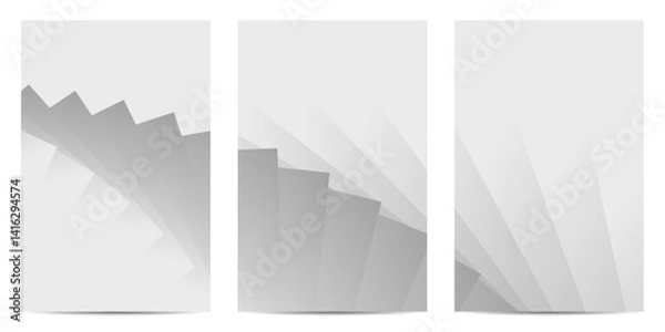 Obraz Three abstract backgrounds are arranged as a set. They feature layered, radial geometric patterns in shades of gray, used as options for design assets.