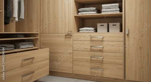 Fototapeta Modern Light Wood Walk-in Closet Design - Organized walk-in closet with light wood cabinets, drawers, and shelves, showcasing efficient storage solutions