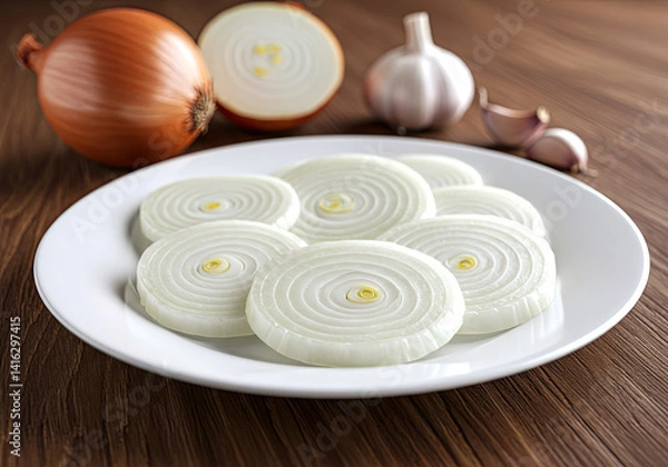 Obraz Freshly sliced onions arranged on a white plate, surrounded by whole onions and garlic on a wooden table