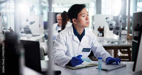 Fototapeta Man, scientist or vial with computer for experiment, medical research or test results at laboratory. Male person, science or reading with sample on technology for scientific trial, exam or chemistry