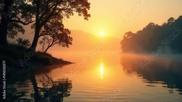Fototapeta Serene Sunrise Over Misty Lake with Silhouetted Trees Reflecting in Calm Water