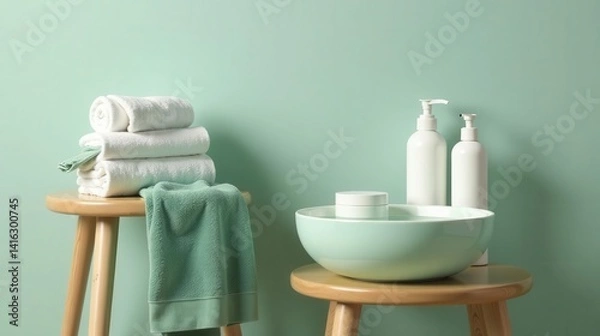 Fototapeta Serene Spa Setting with Soft Towels and Gentle Cleansing Products
