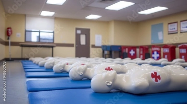 Fototapeta Multiple adult CPR mannequins aligned in perfect rows on blue exercise mats, institutional classroom setting with bright overhead lighting, red cross first aid kits visible in background, medical