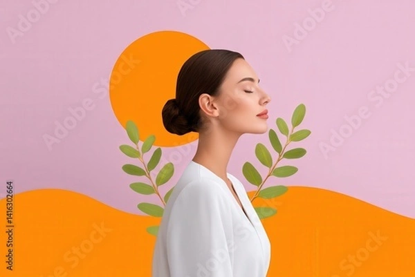 Fototapeta Serene woman in profile minimalist setting digital art calm environment side view