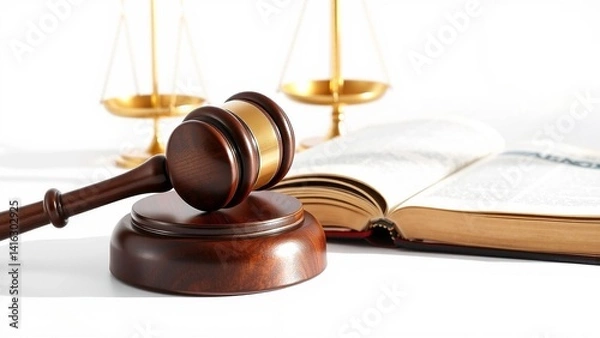 Fototapeta Law and Justice: Gavel rests near legal scales and an open book, symbolizing jurisprudence and judicial processes.