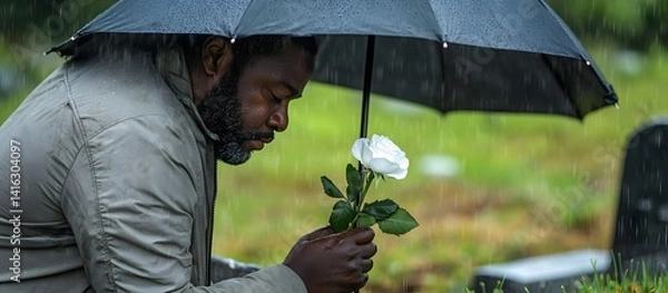 Fototapeta Vertical shot of Black man grieving over loss of relative at cemetery next to grave holding white rose to commemorate deceased and hiding from rain under 