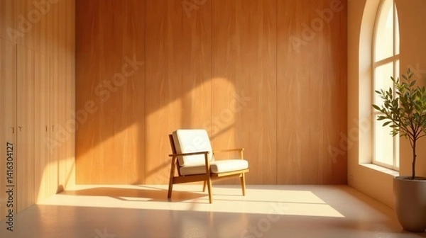 Fototapeta Serene Minimalist Room with Wooden Walls, Sunlight Streaming Through an Arch Window, and a Comfortable Chair