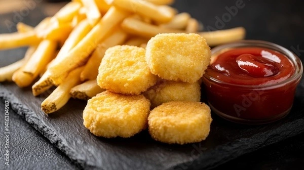 Fototapeta Crispy nuggets with fries and ketchup dip on slate background 