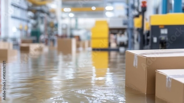 Fototapeta Flooded industrial factory cardboard boxes submerged in water damage disaster recovery and business interruption insurance concept with blurred manufacturing equipment background 