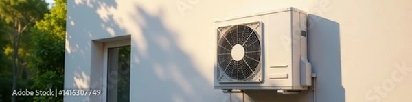 Fototapeta Sleek heat pump mounted on building's external wall, renewable, efficient