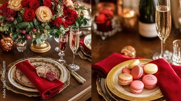 Fototapeta Elegant Table Setting with Red Roses and Champagne Glasses, Featuring Macarons and Decorated Plates for a Romantic Dinner or Special Occasion