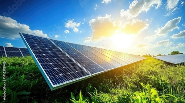Obraz Bright and Serene Solar Panel Installation Under Beautiful Blue Sky and Fluffy Clouds at Sunset in a Lush Green Field Near the Horizon