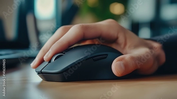 Fototapeta Close-up of a Hand Using a Black Wireless Computer Mouse on a Wooden Desk
