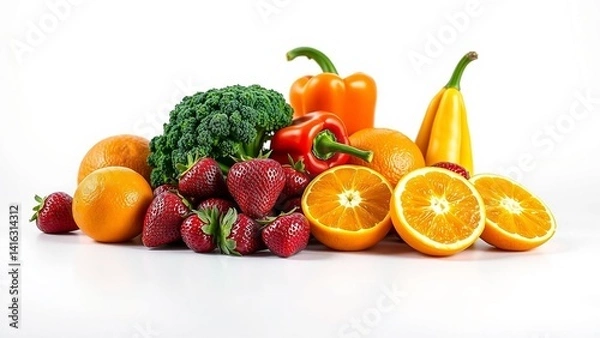 Fototapeta An arrangement of oranges, strawberries, broccoli, and bell peppers displayed on a plain white background, offering a colorful composition.