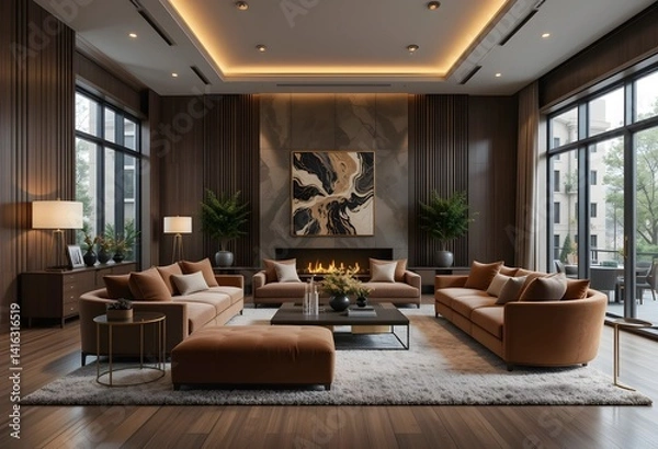 Obraz A luxury interior design mockup of a modern living room. a warm color palette with rich textures like dark wood, velvet furniture, and ambient lighting. 3d rendering. 