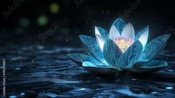 Fototapeta Glowing tech lotus flower on dark background: digital bloom with circuit board texture for modern technology and nature concepts 