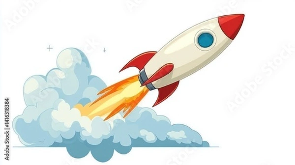 Obraz Cartoon rocket launching, space, clouds, innovation