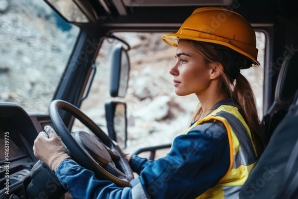 Fototapeta Female construction worker driving a heavy vehicle on a worksite with rocky terrain in background