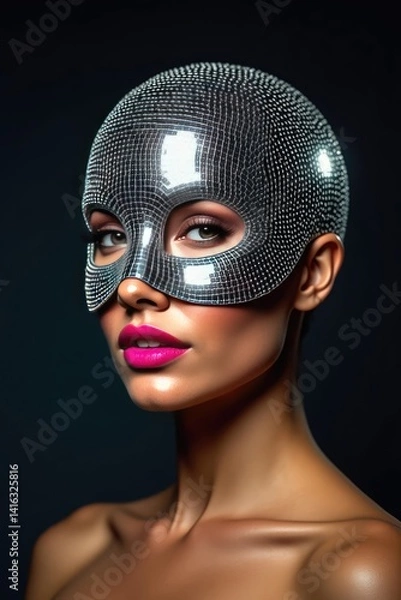 Fototapeta Elegant model wearing a sparkling mask, showcasing beauty and mystery in a dramatic studio setting