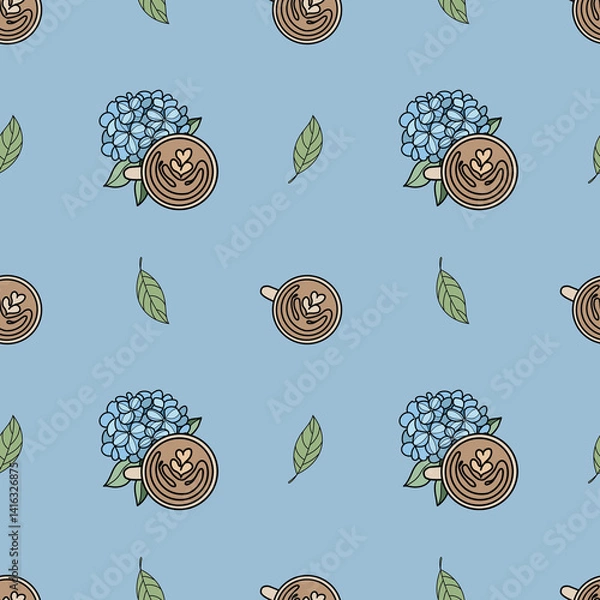 Fototapeta Seamless pattern with coffee and hydrangeas