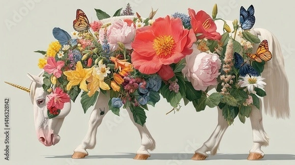 Fototapeta unicorn with flowers and butterflies isolated on a white background,photo stock
