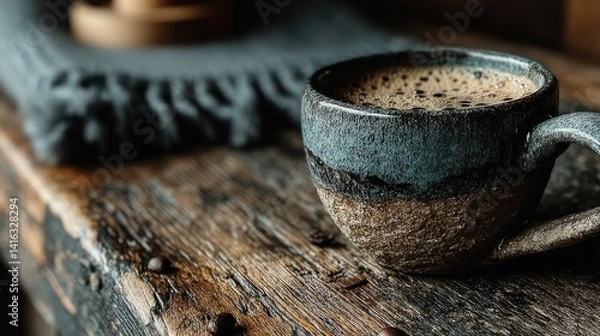 Fototapeta warm coffee cup on a wooden surface inviting and comforting,stock image