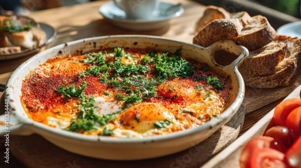 Obraz Delicious shakshuka with eggs tomato sauce parsley and paprika in a rustic pan on wooden table outdoor brunch setting