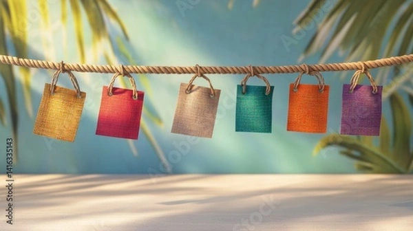 Fototapeta Colorful career options: flags on rope against a sunny beach background diverse employment paths professional development and bright prospects visualized in a unique eye-catching image 