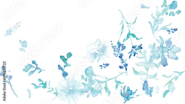 Obraz 水彩画。水彩タッチのベクターイラスト。青い花のガーベライラスト。植物と花のベクターフレーム。Watercolor painting. Vector illustration with watercolor touch. Blue flowers gerbera illustration. Vector frame of plants and flowers.