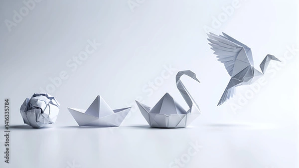 Fototapeta Origami Metamorphosis Crumpled Paper to Boat to Swan to Flying Bird Transformation, White Background, Growth Concept