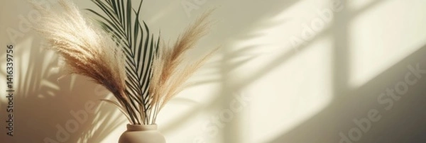 Fototapeta Boho chic floral arrangement in vase with soft lighting creating a calming minimalist scene against a neutral wall background