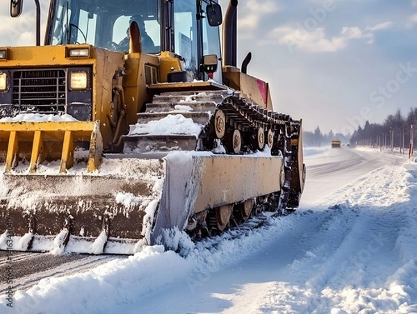 Fototapeta winter snow removal on the road with a bulldozer , imbued with refined subtlety