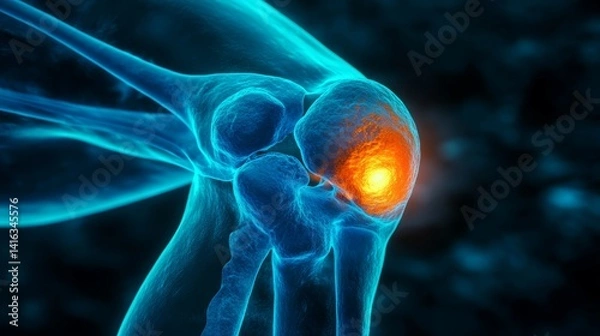 Fototapeta Knee joint anatomy visualization showing bone structure and injury with vibrant colors on a dark background 