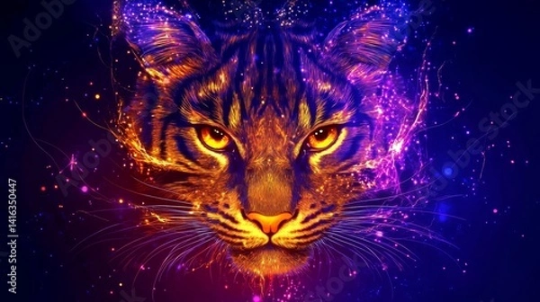 Obraz Cosmic cat guardian abstract artwork with galaxy and stardust effect in rich vibrant colors an eye-catching piece of modern digital art for backgrounds