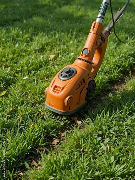 Fototapeta Weed whacker trimming the edges of a lawn, with grass clippings and neat lines, Practical, Bright, Detailed