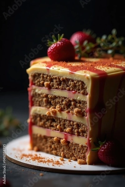 Obraz A beautifully layered cake with strawberries and garnish, displayed on a dark background