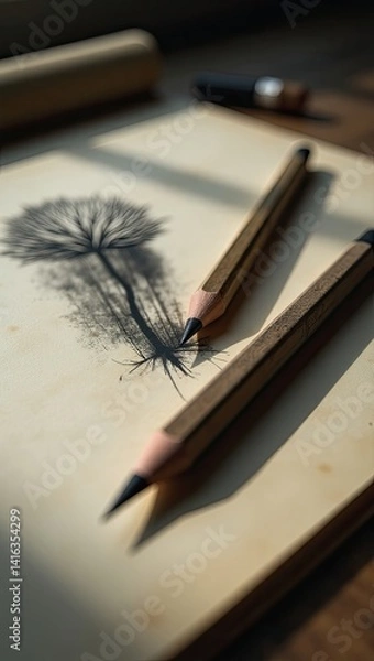 Obraz Artistic sketch of a tree with two pencils on a wooden table, warm light illuminating the scene