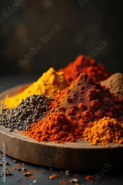 Obraz A vibrant assortment of colorful spices arranged in a wooden bowl, showcasing their rich textures and hues