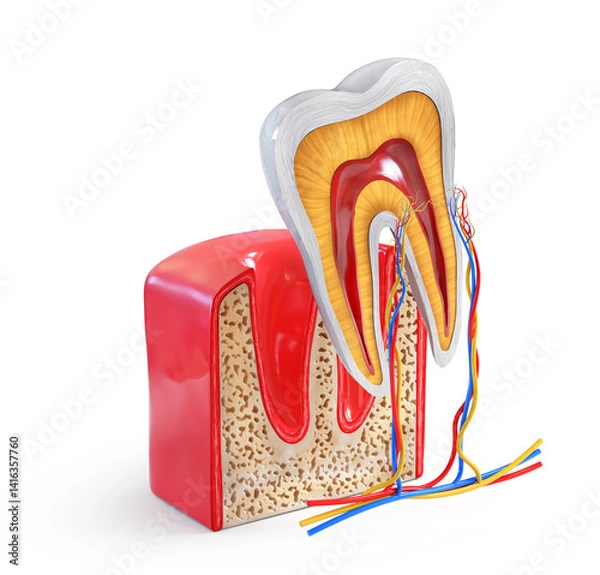 Obraz Human tooth structure. Cross section scheme representing tooth layers enamel, dentine, pulp with blood vessels and nerves, cementum and structures around it. 3d illustration.