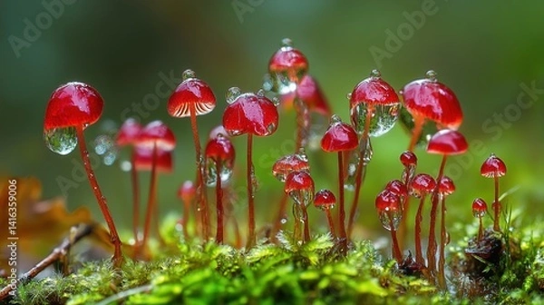 Fototapeta Rain-Soaked Tiny Flower Scene Showcasing the Intricate Wonders of Nature Through Each Raindrop Acting as a Miniature Lens