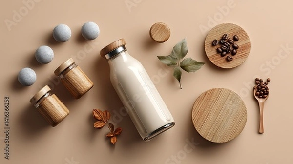 Fototapeta Soy milk in a clear glass bottle on rustic wooden table earth tone background warm lighting minimal style