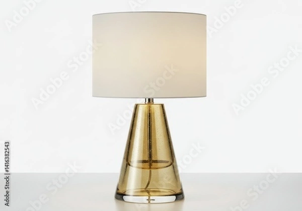 Fototapeta A table lamp with a gold glass base and a white lampshade sitting on a white surface against white wall