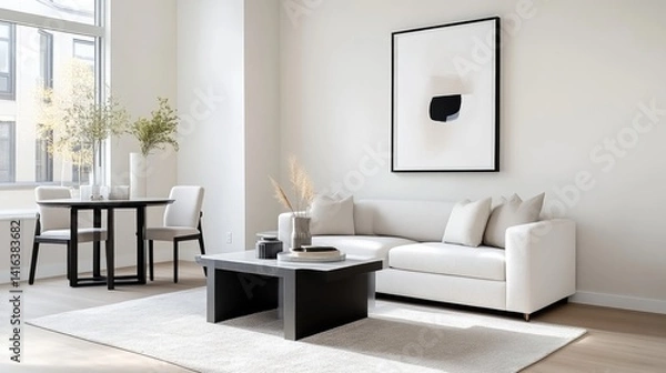 Fototapeta Modern apartment living area, featuring a light and airy aesthetic.  A comfortable and stylish space with minimalist furniture and decor