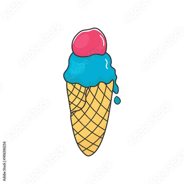 Fototapeta Doodle ice cream cone with pink and blue scoops. Perfect for summer designs, cafe menus, kids’ stickers, birthday cards, and sweet-themed projects. Stock image isolated on white background.