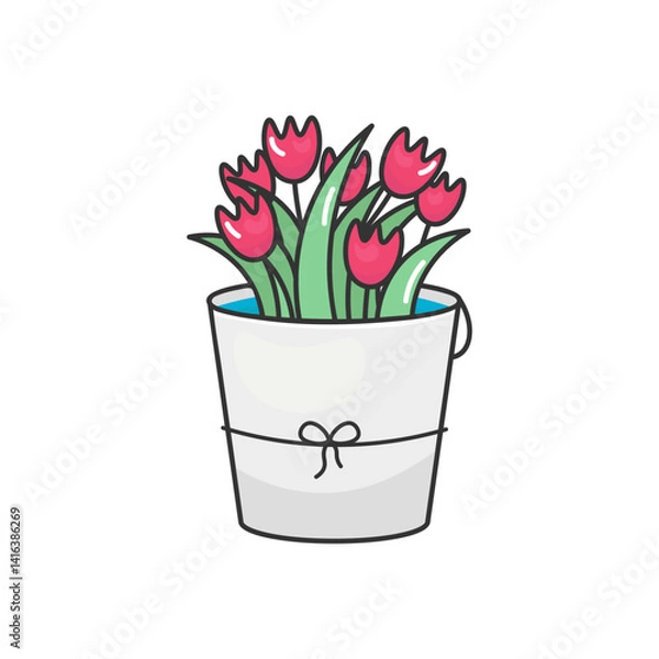 Fototapeta Doodle Tulips in Bucket. Hand-drawn Spring Floral Icon, Playful Garden Vector Illustration. Perfect for spring designs, gardening blogs, wedding invitationsStock image isolated on white 