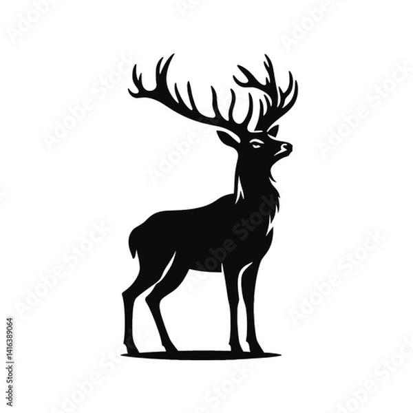 Fototapeta Black silhouette vector of a deer with antlers standing on white background
