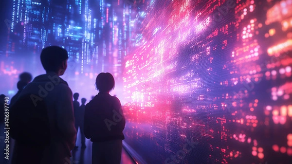 Obraz Real-time stock market data displayed digitally with glowing numbers as people watch in the city
