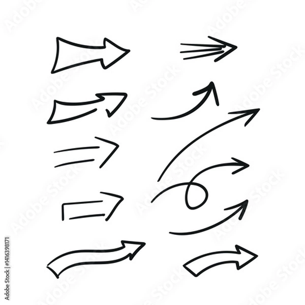 Obraz Arrow sign. Hand drawn pointer icon. Indicator vector illustration. Flat line art sloppy doodle arrow template